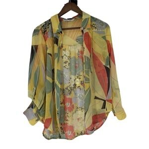 Figueroa Flower Sheer Button Up Top Boho Coastal Artsy Maximalist Bright M